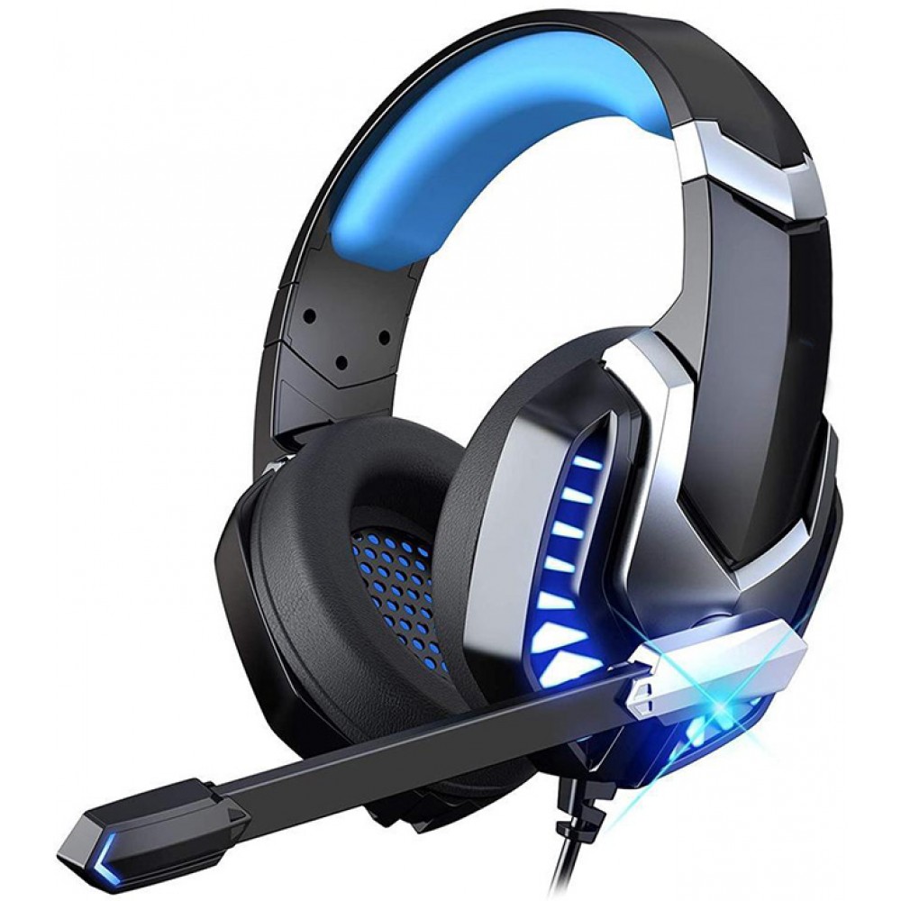 Casque de gaming professionnel ERXUNG Hi-Res 7.1 sourround bass over ear headphones avec micro, 3D LED - Bleu