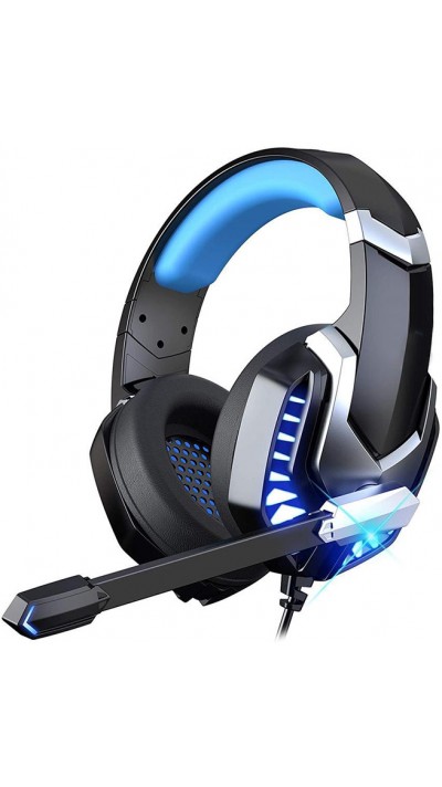 Casque de gaming professionnel ERXUNG Hi-Res 7.1 sourround bass over ear headphones avec micro, 3D LED - Bleu