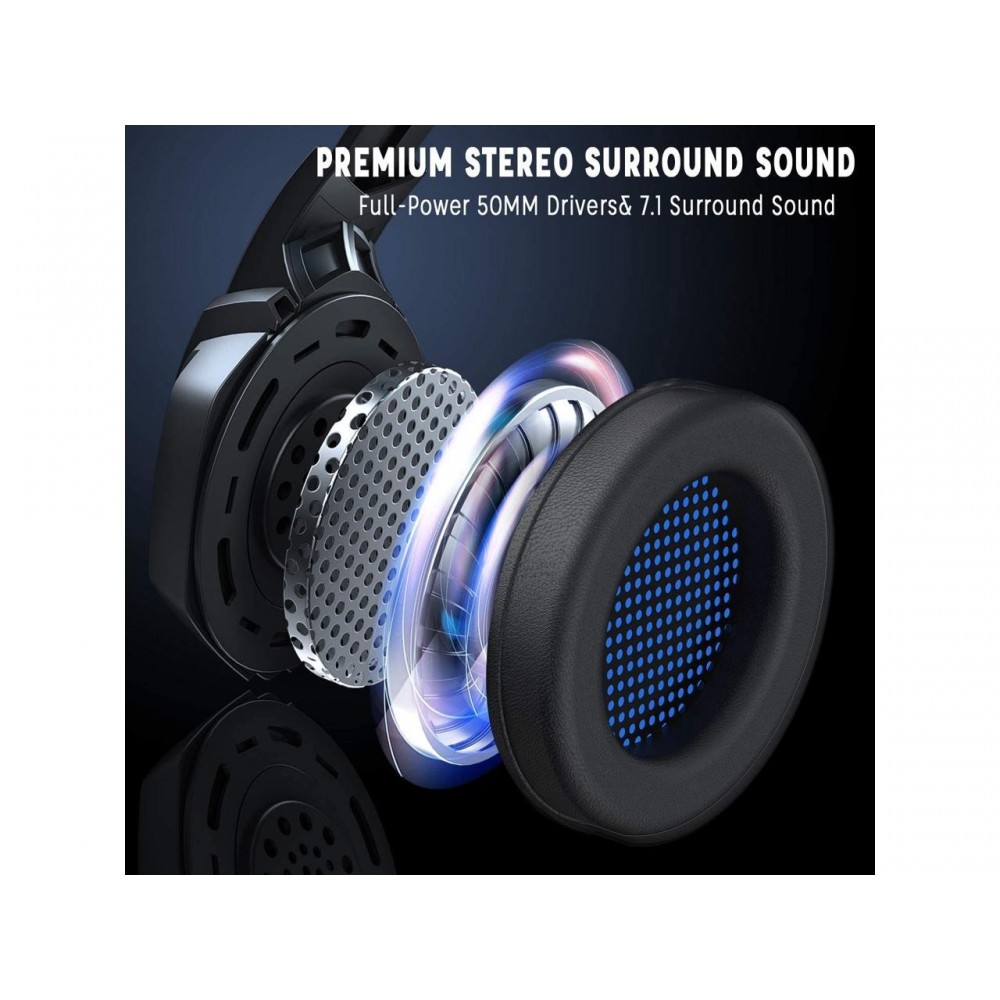Professionelles Gaming Headset ERXUNG Hi-Res 7.1 Sourround Bass Over Ear Headphones inkl. Mic, 3D LED - Blau