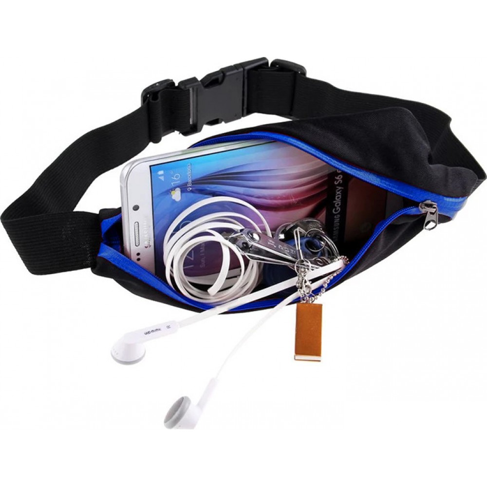 Ceinture de sport avec 2 poches extensibles pour téléphone + accessoires, jogging, vélo - Bleu foncé