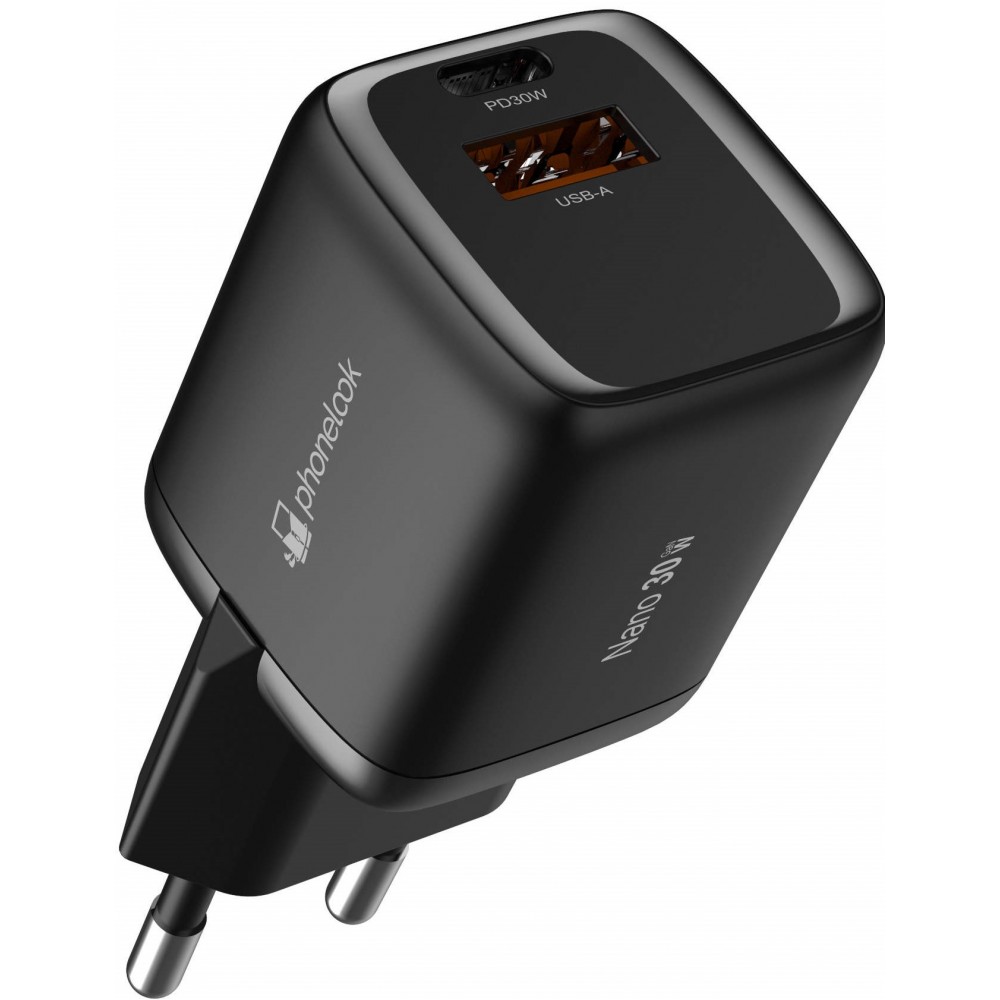 Starkes Ladegerät Nano 30W USB-A und USB-C mit Power Delivery PhoneLook - Schwarz