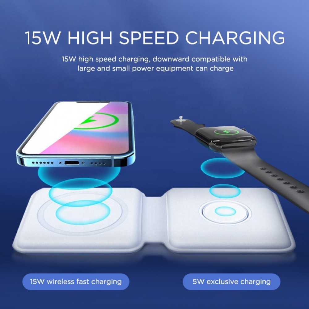 Faltbare 15W Wireless Charger 3 in 1 Ladegerät für iPhone, AirPods & Apple Watch - Weiss