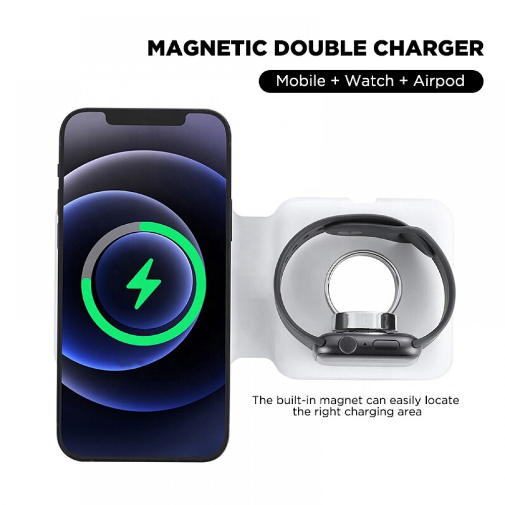 Faltbare 15W Wireless Charger 3 in 1 Ladegerät für iPhone, AirPods & Apple Watch - Weiss