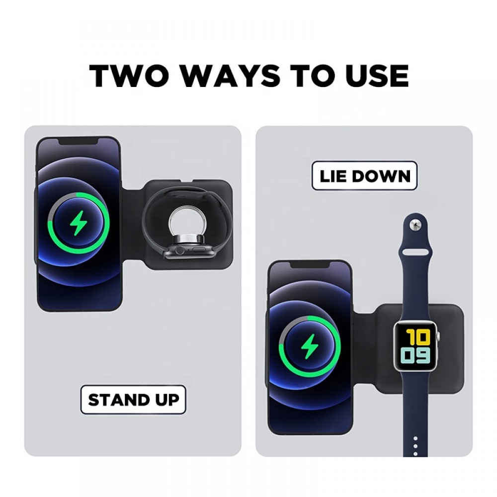 Chargeur sans fil 15W pliable 3 en 1 pour iPhone, AirPods & Apple Watch - Noir