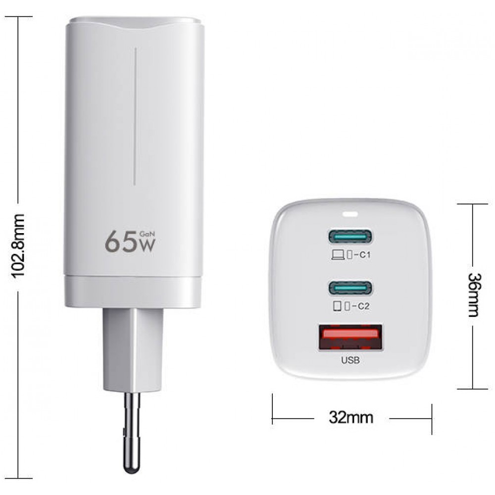 Ladegerät 65W GaN 2x USB-C und 1x USB (Power Delivery) - PhoneLook - Weiss