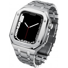 Apple Watch 45 mm Case Hülle - Schutzgehäuse und Armband aus Edelstahl 316L mit Klappschloss - Silber