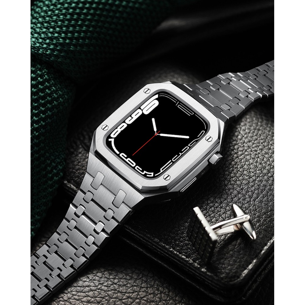 Coque Apple Watch 45 mm - Boîtier et bracelet en acier 316L avec boucle déployante - Argent