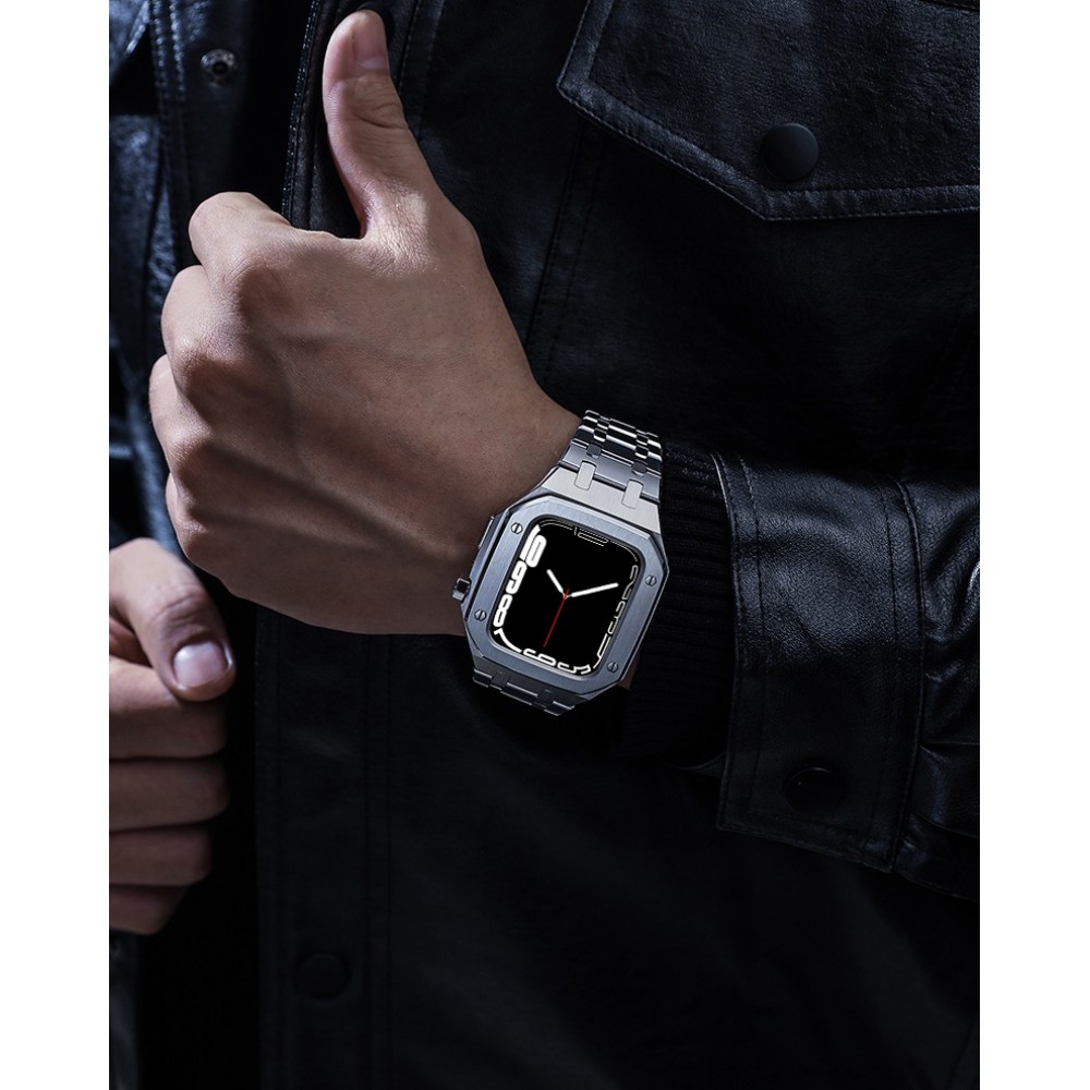Apple Watch 45 mm Case Hülle - Schutzgehäuse und Armband aus Edelstahl 316L mit Klappschloss - Silber