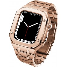 Apple Watch 45 mm Case Hülle - Schutzgehäuse und Armband aus Edelstahl 316L mit Klappschloss - Rosa - Gold