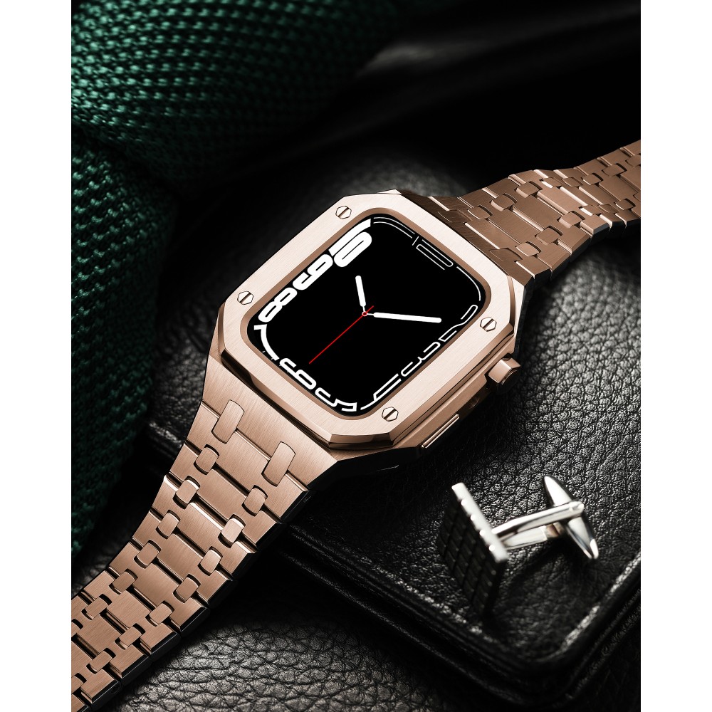 Coque Apple Watch 45 mm - Boîtier et bracelet en acier 316L avec boucle déployante - Or - Rose