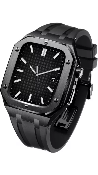 Coque Apple Watch 44 mm - Boîtier en acier 316L et bracelet en silicone - Noir / Noir