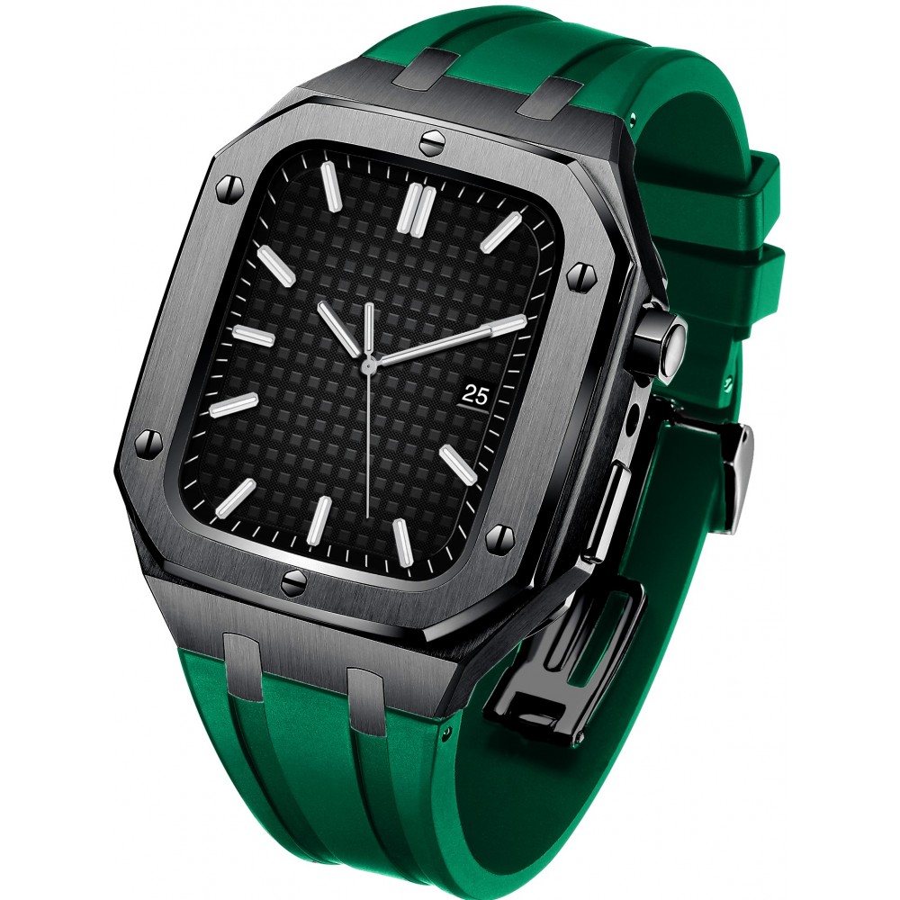 Coque Apple Watch 44 mm - Boîtier en acier 316L et bracelet en silicone - Noir / Vert