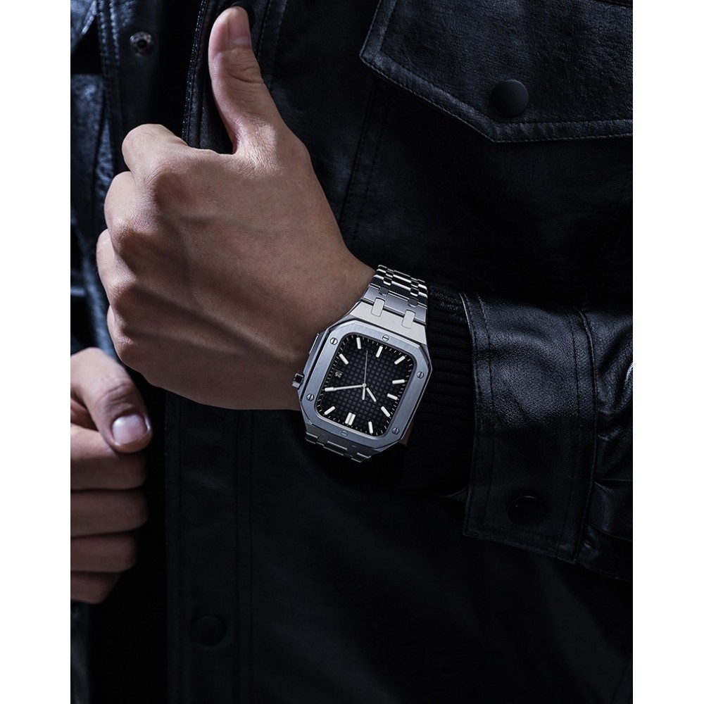 Apple Watch 44 mm Case Hülle - Schutzgehäuse und Armband aus Edelstahl 316L mit Klappschloss - Silber