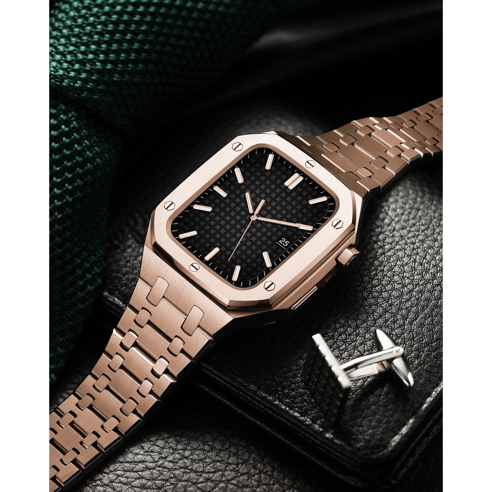 Coque Apple Watch 44 mm - Boîtier et bracelet en acier 316L avec boucle déployante - Or - Rose