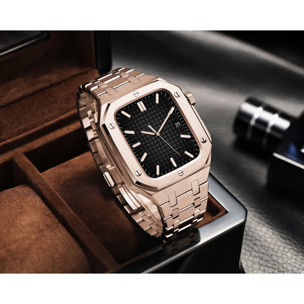 Apple Watch 44 mm Case Hülle - Schutzgehäuse und Armband aus Edelstahl 316L mit Klappschloss - Rosa - Gold