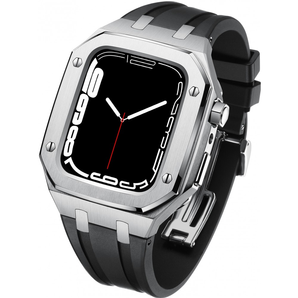 Apple Watch 45 mm Case Hülle - Schutzgehäuse aus Edelstahl 316L mit Silikonarmband - Silber / Schwarz