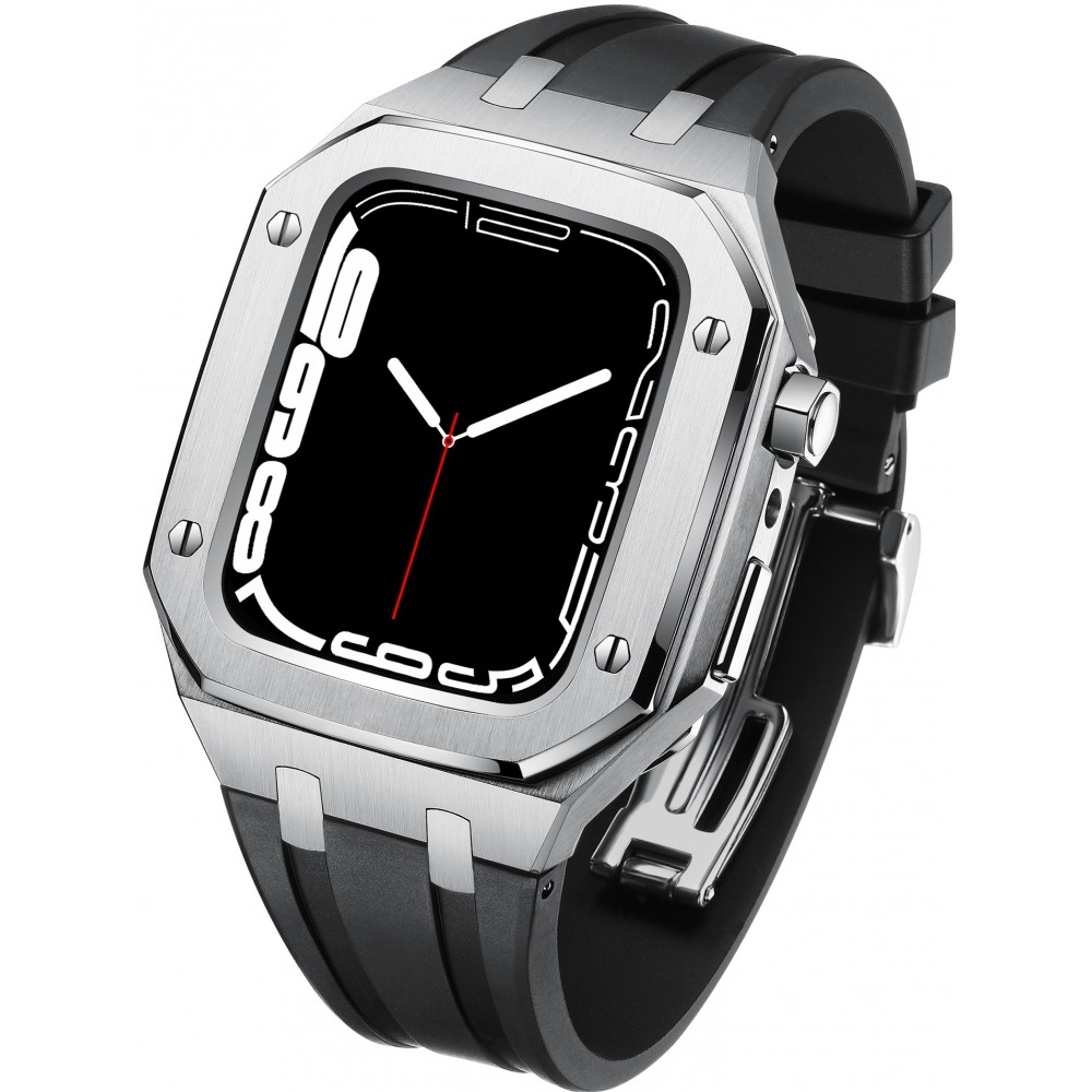 Coque Apple Watch 45 mm - Boîtier en acier 316L et bracelet en silicone - Argent / Noir