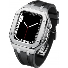 Apple Watch 45 mm Case Hülle - Schutzgehäuse aus Edelstahl 316L mit Silikonarmband - Silber / Schwarz