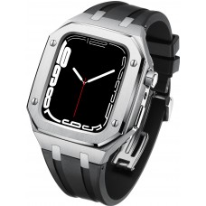 Coque Apple Watch 45 mm - Boîtier en acier 316L et bracelet en silicone - Argent / Noir