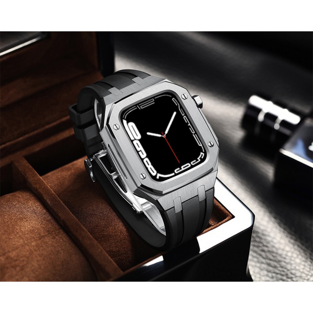 Coque Apple Watch 45 mm - Boîtier en acier 316L et bracelet en silicone - Argent / Noir