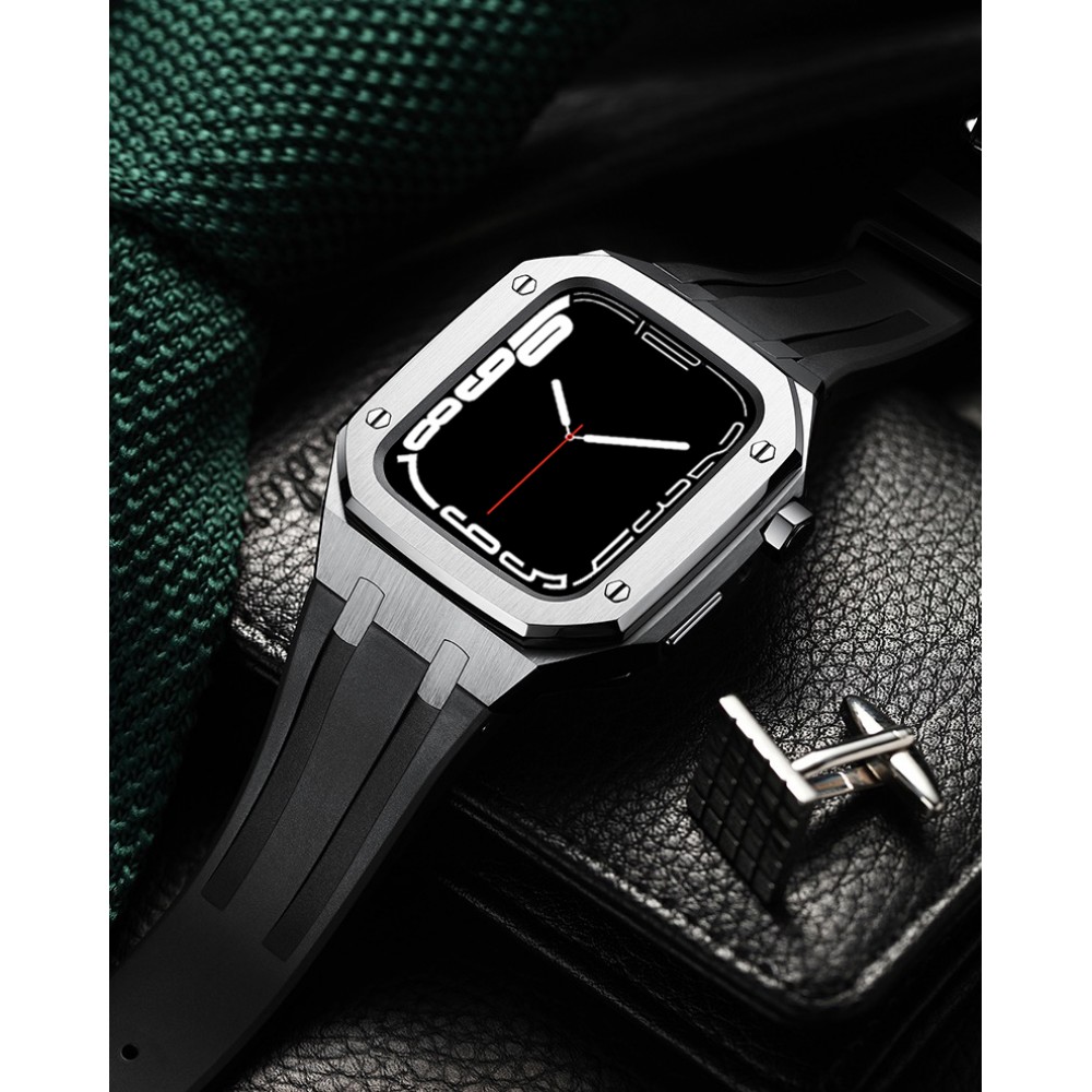 Coque Apple Watch 45 mm - Boîtier en acier 316L et bracelet en silicone - Argent / Noir