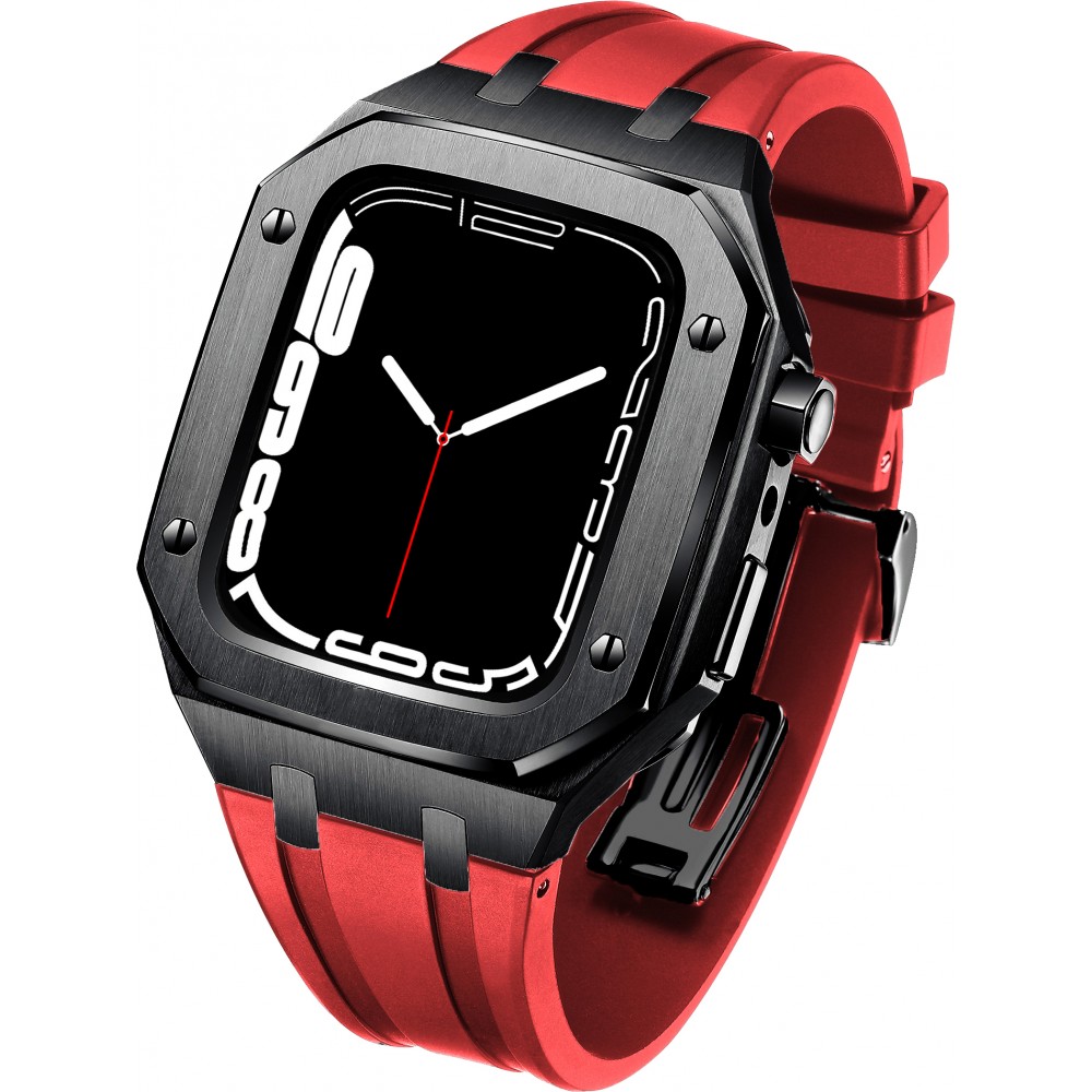 Coque Apple Watch 45 mm - Boîtier en acier 316L et bracelet en silicone - Noir / Rouge