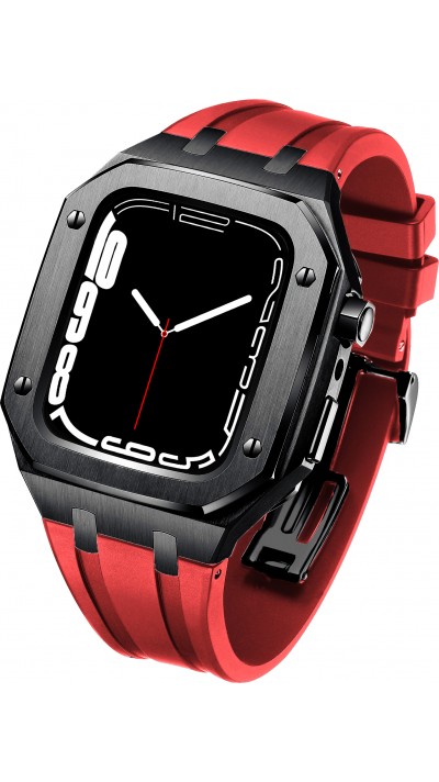 Coque Apple Watch 45 mm - Boîtier en acier 316L et bracelet en silicone - Noir / Rouge