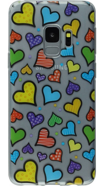 Coque Samsung Galaxy S9+ - Clear coeurs multicolores