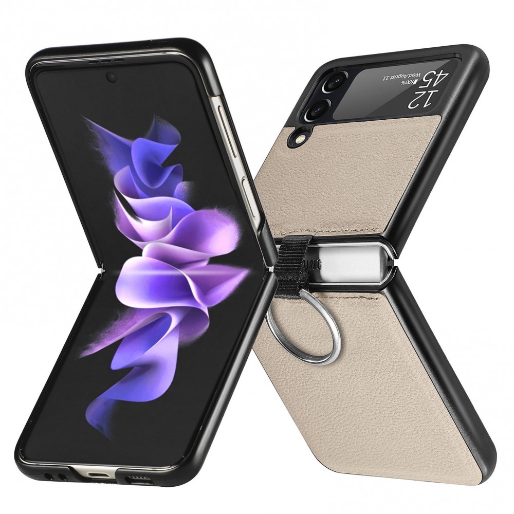 Galaxy Z Flip3 5G Case Hülle - Luxus Lederhülle in elegantem Look inkl. Tragering - Beige