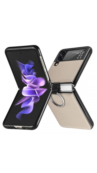 Coque Samsung Galaxy Z Flip3 5G - Fourre en cuir de luxe au look élégant avec anneau de transport - Beige