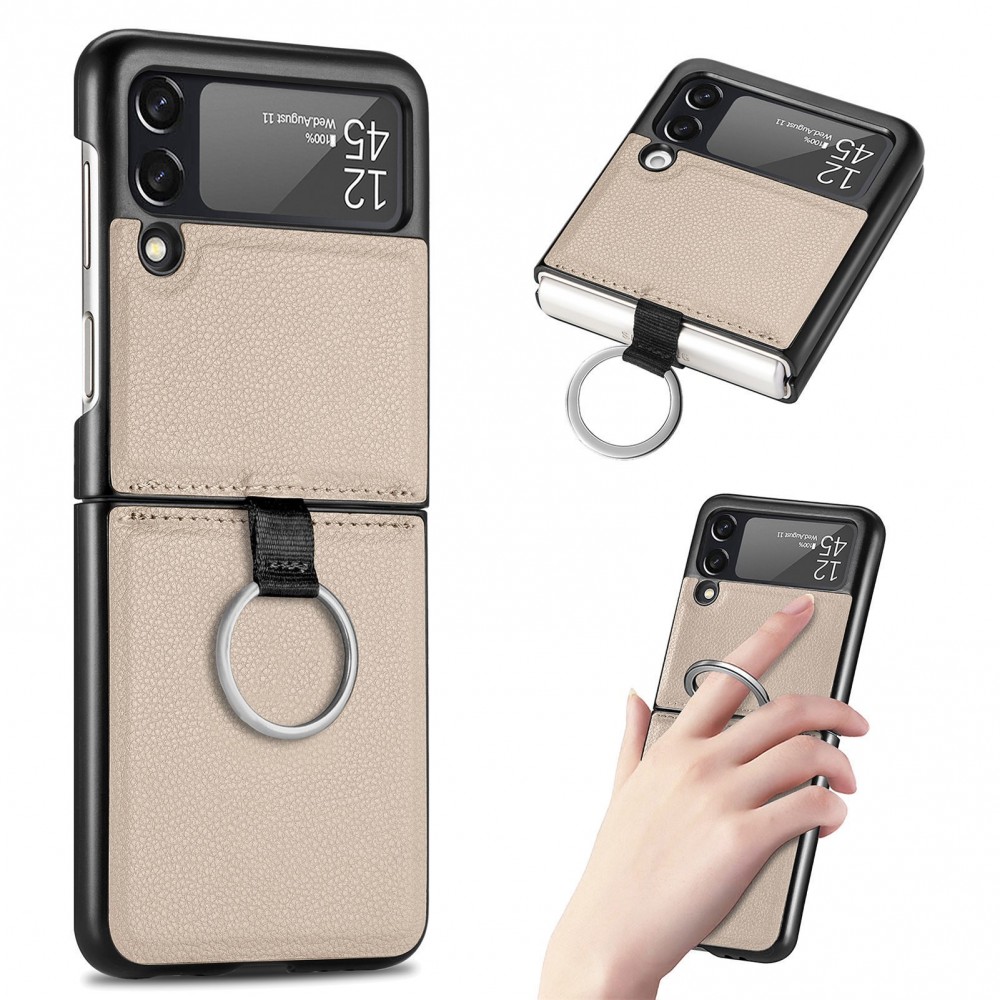 Coque Samsung Galaxy Z Flip3 5G - Fourre en cuir de luxe au look élégant avec anneau de transport - Beige