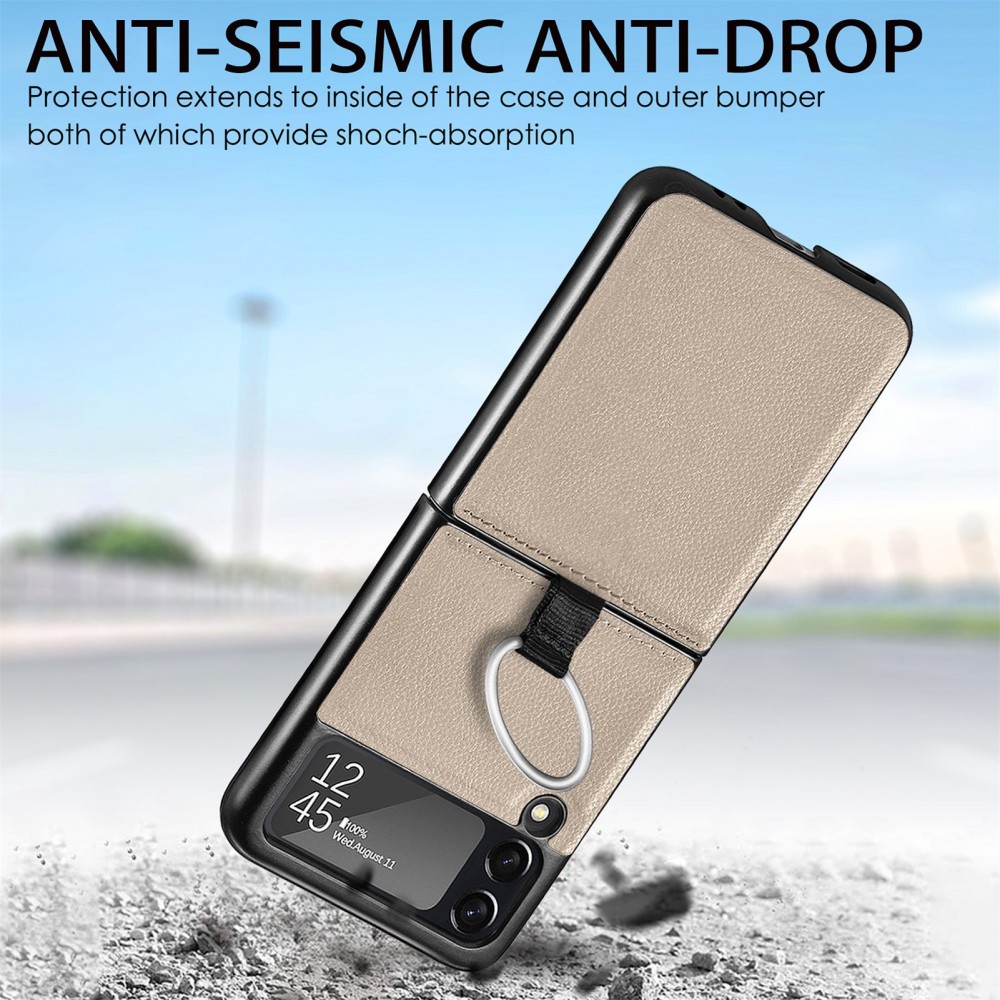 Coque Samsung Galaxy Z Flip3 5G - Fourre en cuir de luxe au look élégant avec anneau de transport - Beige