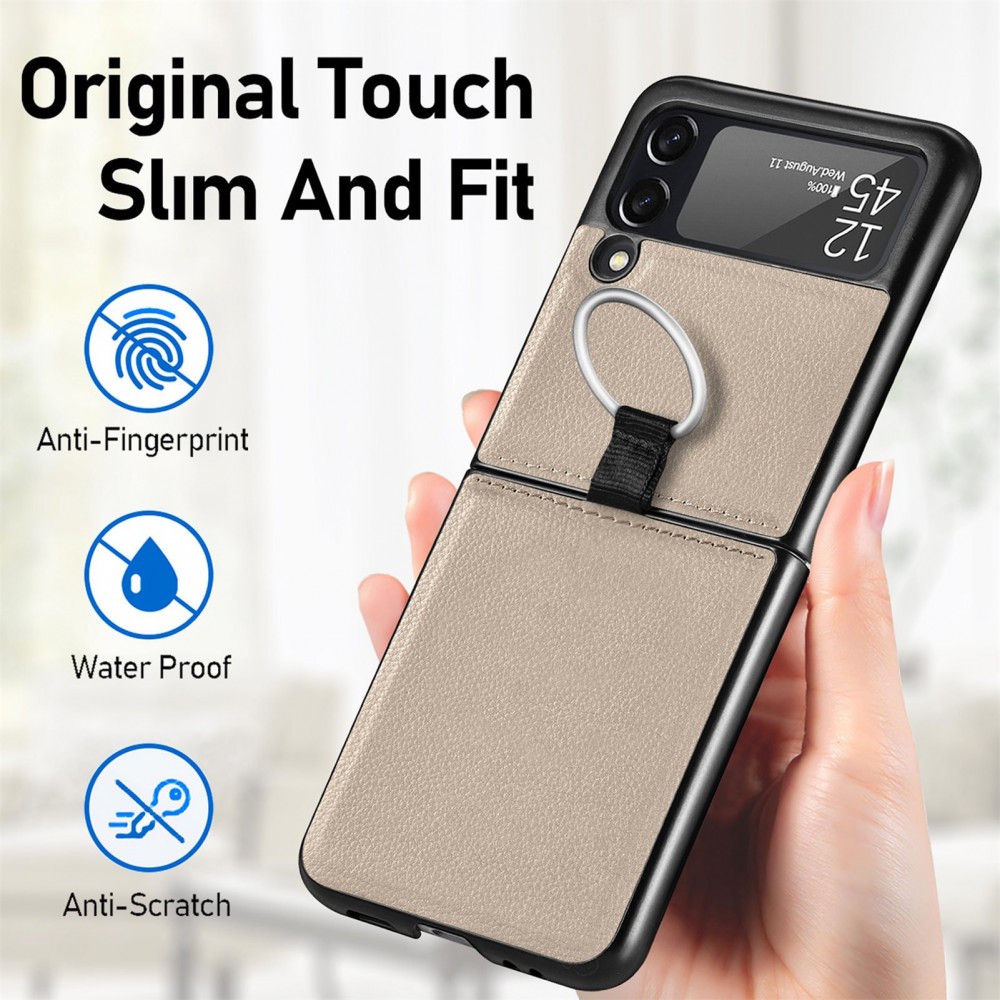 Coque Samsung Galaxy Z Flip3 5G - Fourre en cuir de luxe au look élégant avec anneau de transport - Beige