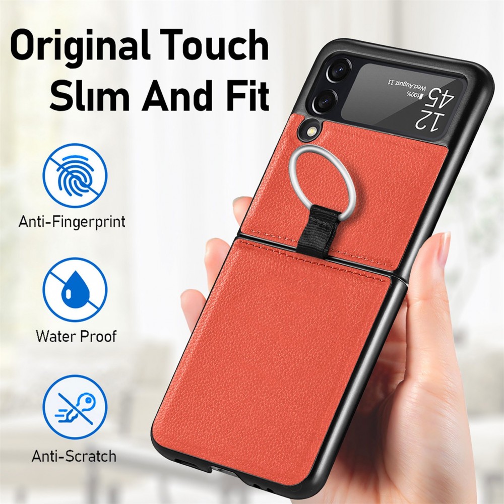 Coque Samsung Galaxy Z Flip3 5G - Fourre en cuir de luxe au look élégant avec anneau de transport - Orange