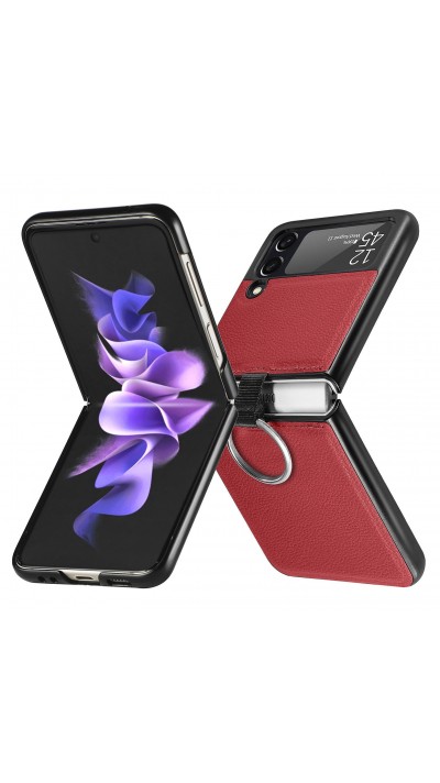 Coque Samsung Galaxy Z Flip3 5G - Fourre en cuir de luxe au look élégant avec anneau de transport - Rouge