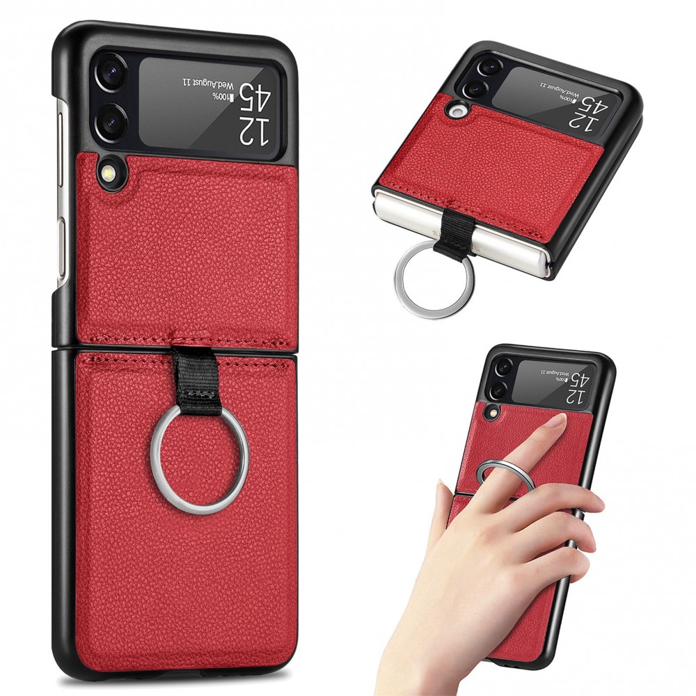 Coque Samsung Galaxy Z Flip3 5G - Fourre en cuir de luxe au look élégant avec anneau de transport - Rouge