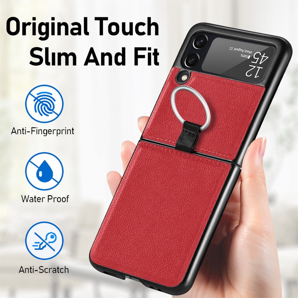 Coque Samsung Galaxy Z Flip3 5G - Fourre en cuir de luxe au look élégant avec anneau de transport - Rouge