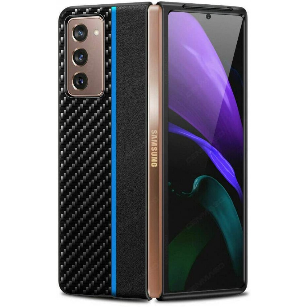 Case Hülle Samsung Galaxy Z Fold3 5G - Leder mit Karbonstruktur - Blau