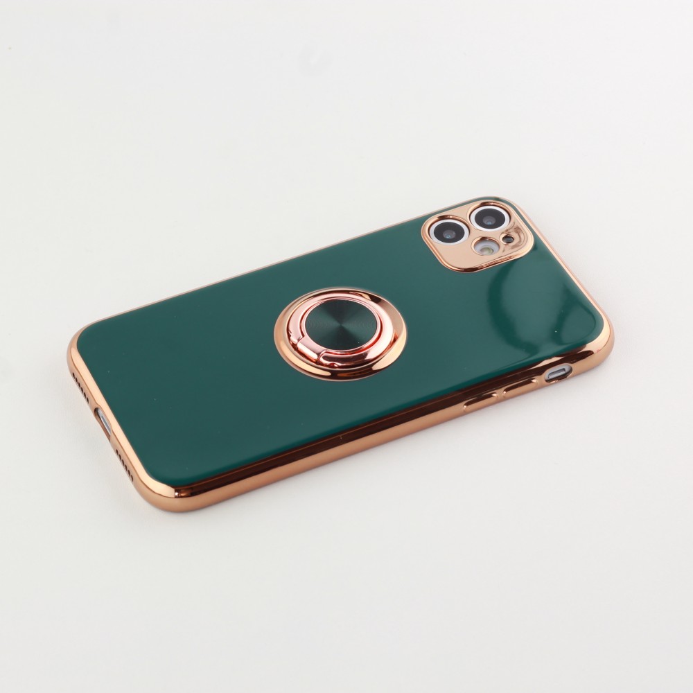 Hülle iPhone X / Xs - Gummi Bronze mit Ring - Dunkelgrün