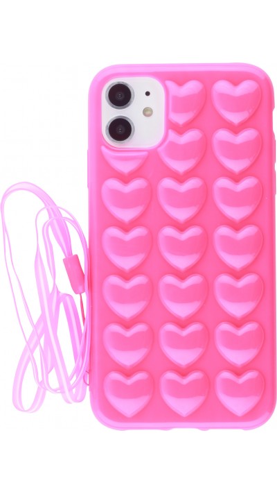 Coque iPhone 11 - Gel coeurs 3D  - Rose foncé