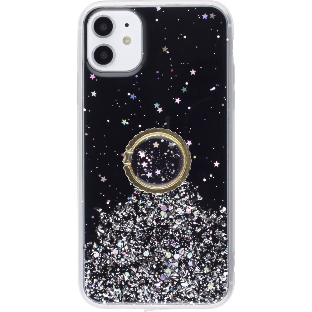 Coque iPhone 11 - Gel paillettes argentées avec anneau - Noir