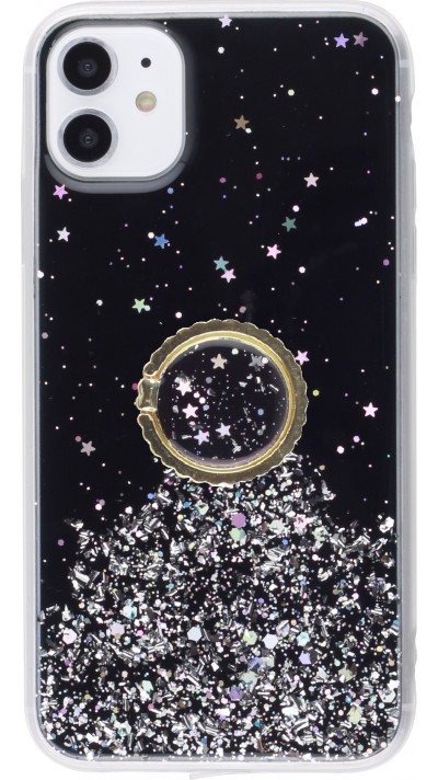 Coque iPhone 11 - Gel paillettes argentées avec anneau - Noir