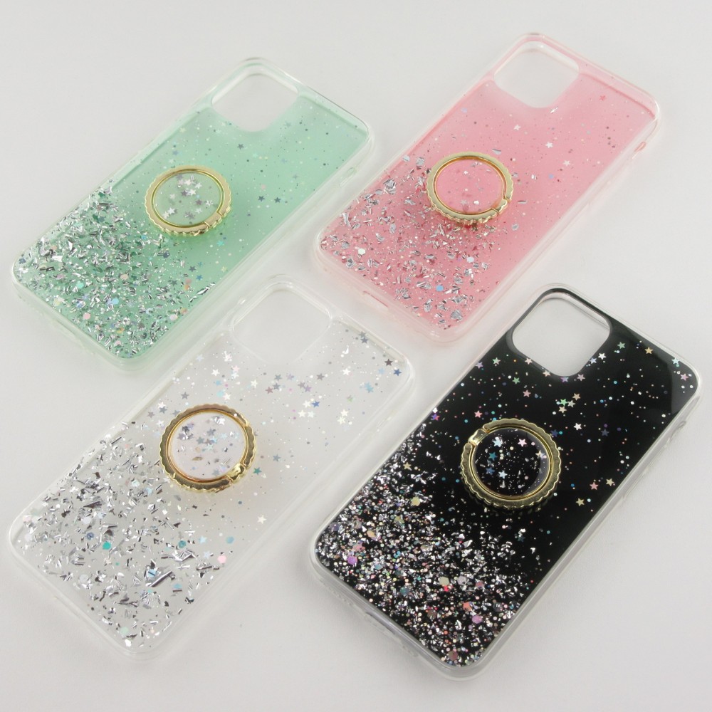 Coque iPhone 11 - Gel paillettes argentées avec anneau - Noir