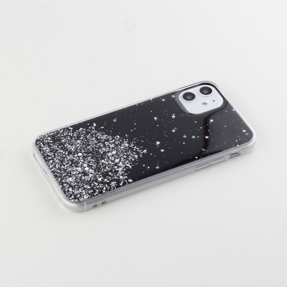 Coque iPhone 11 - Gel paillettes argentées avec anneau - Noir