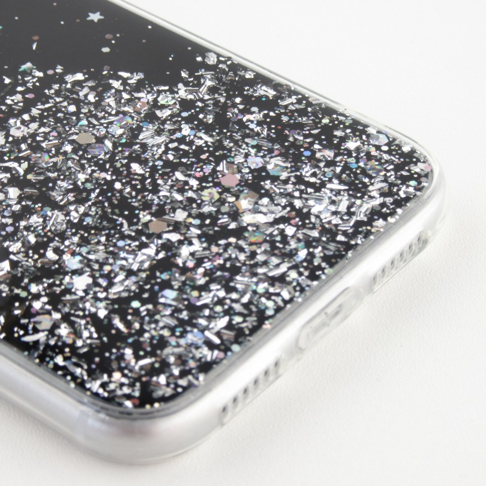 Coque iPhone 11 - Gel paillettes argentées avec anneau - Noir