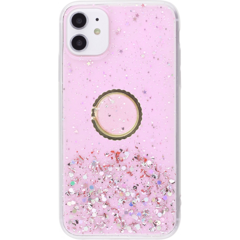 Coque iPhone 12 / 12 Pro - Gel paillettes argentées avec anneau - Rose