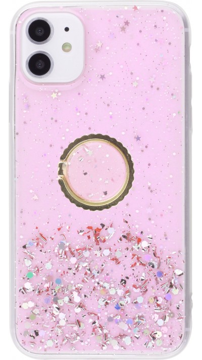 Hülle iPhone 11 - Gummi silberner Pailletten mit Ring - Rosa