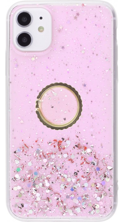 Coque iPhone 12 / 12 Pro - Gel paillettes argentées avec anneau - Rose