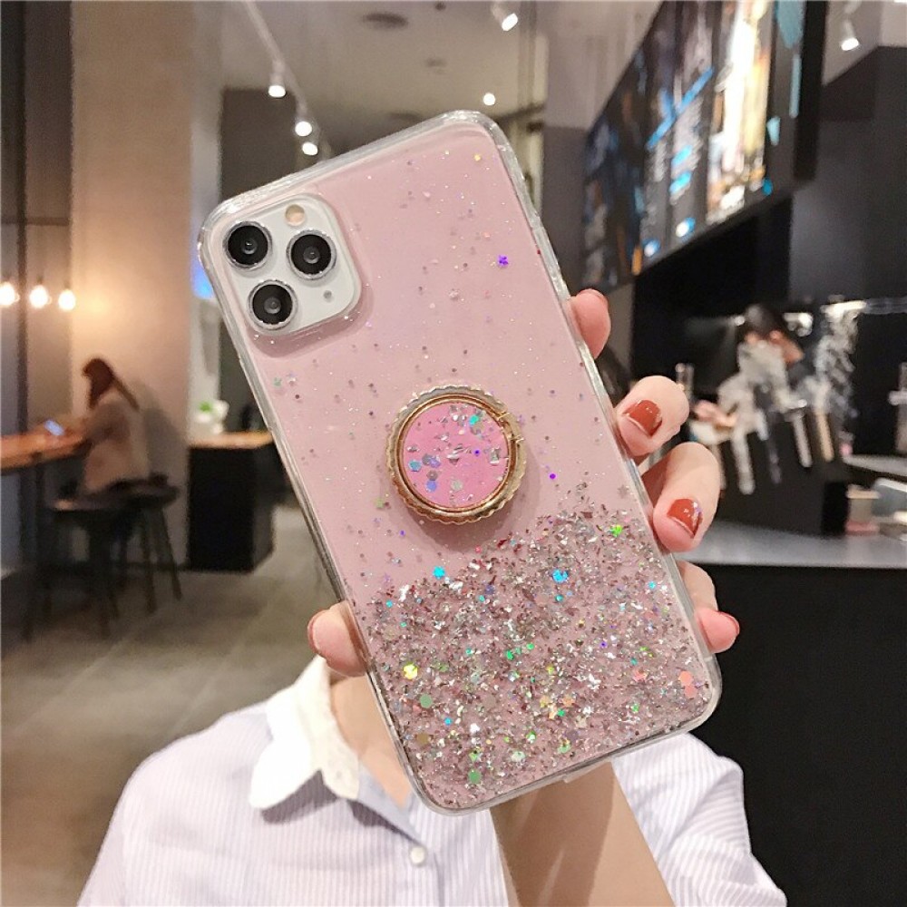 Coque iPhone 7 / 8 / SE (2020, 2022) - Gel paillettes argentées avec anneau - Rose