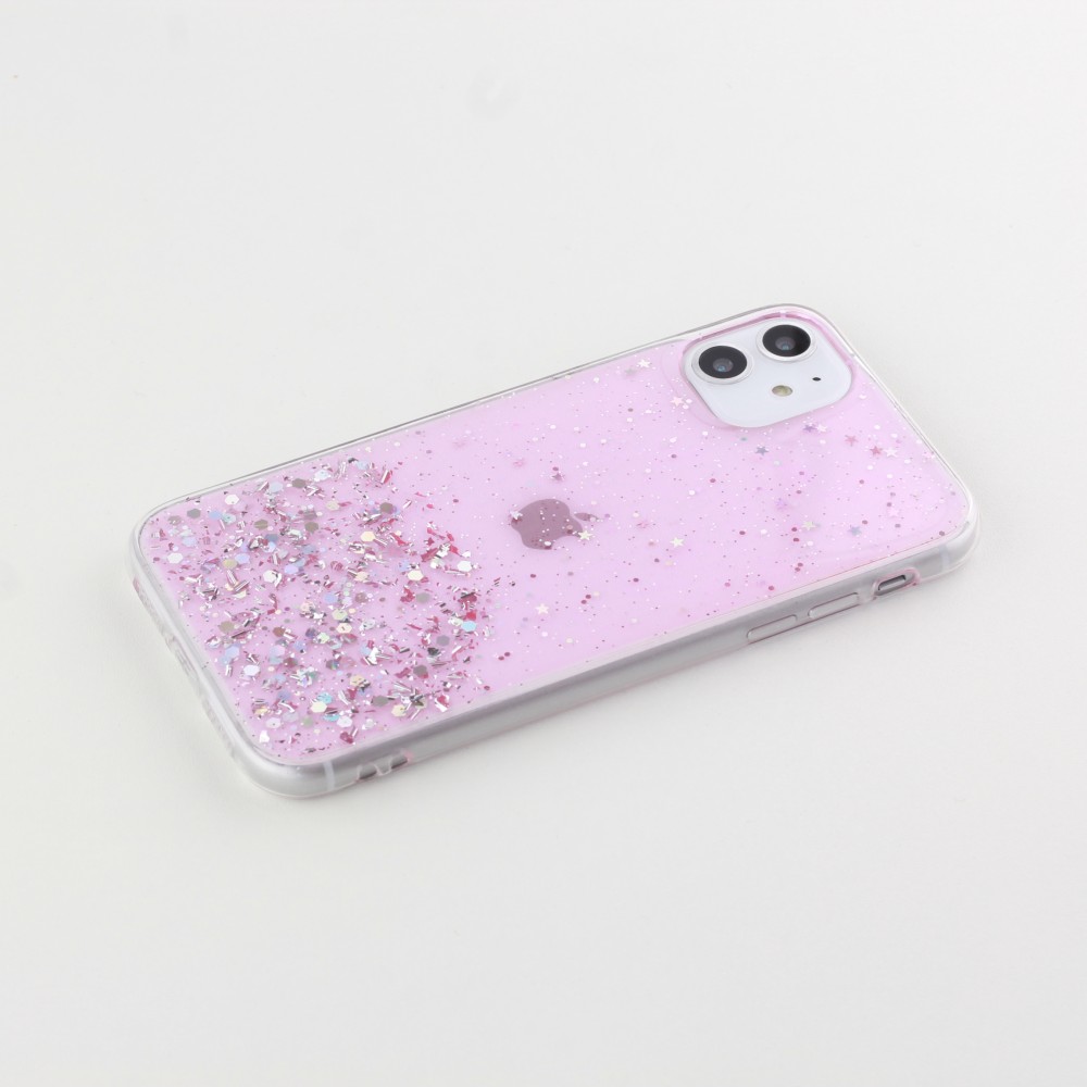 Coque iPhone 11 - Gel paillettes argentées avec anneau - Rose